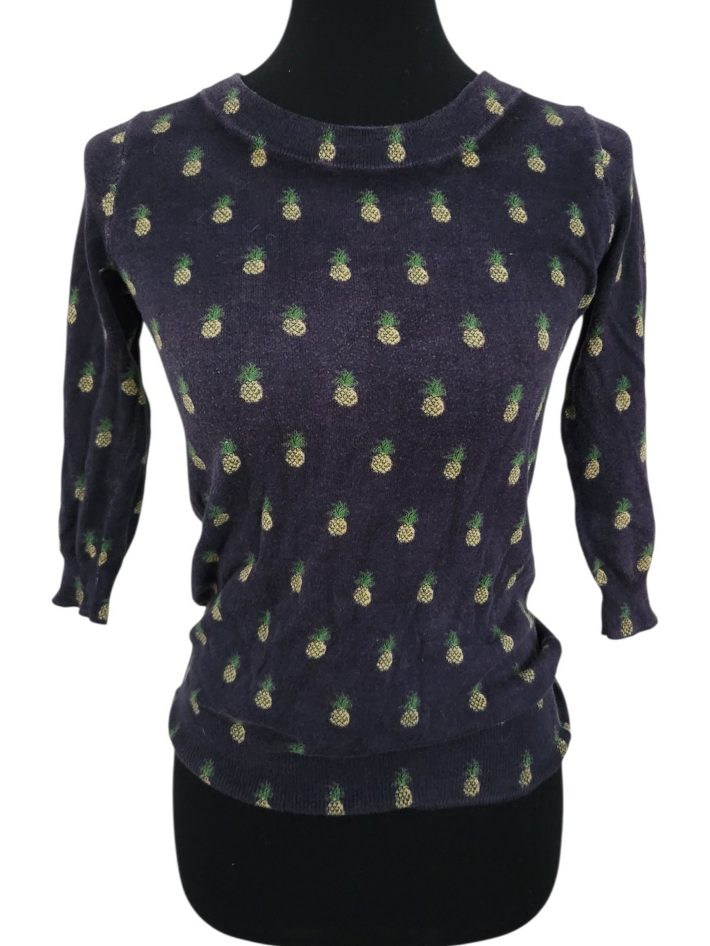 Vintage J. Crew Navy Pineapple Print 3/4 Sleeve Light Sweater Preppy Crew Neck